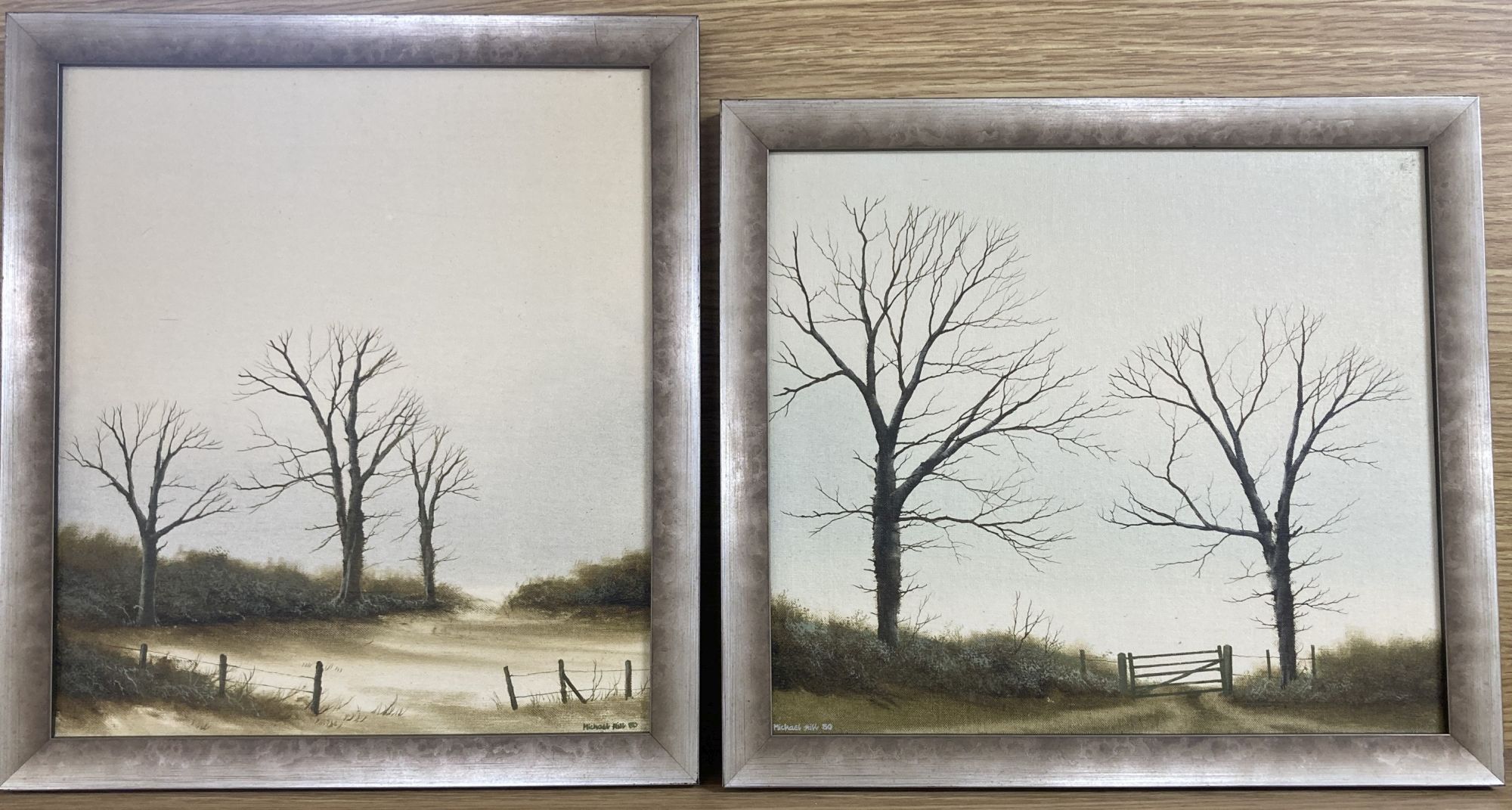 Michael John Hill, 2 oils on canvas board, Trees in landscapes, signed and dated 80, 24 x 27cm and 27 x 24cm